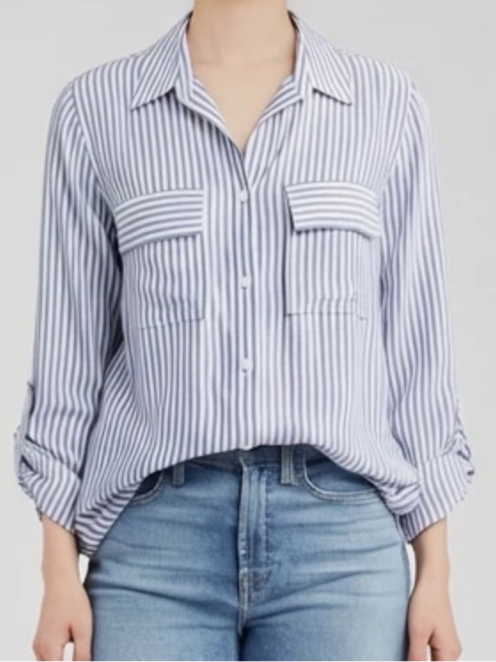 Zara White and Blue Vertical Stripe Button-Down Shirt